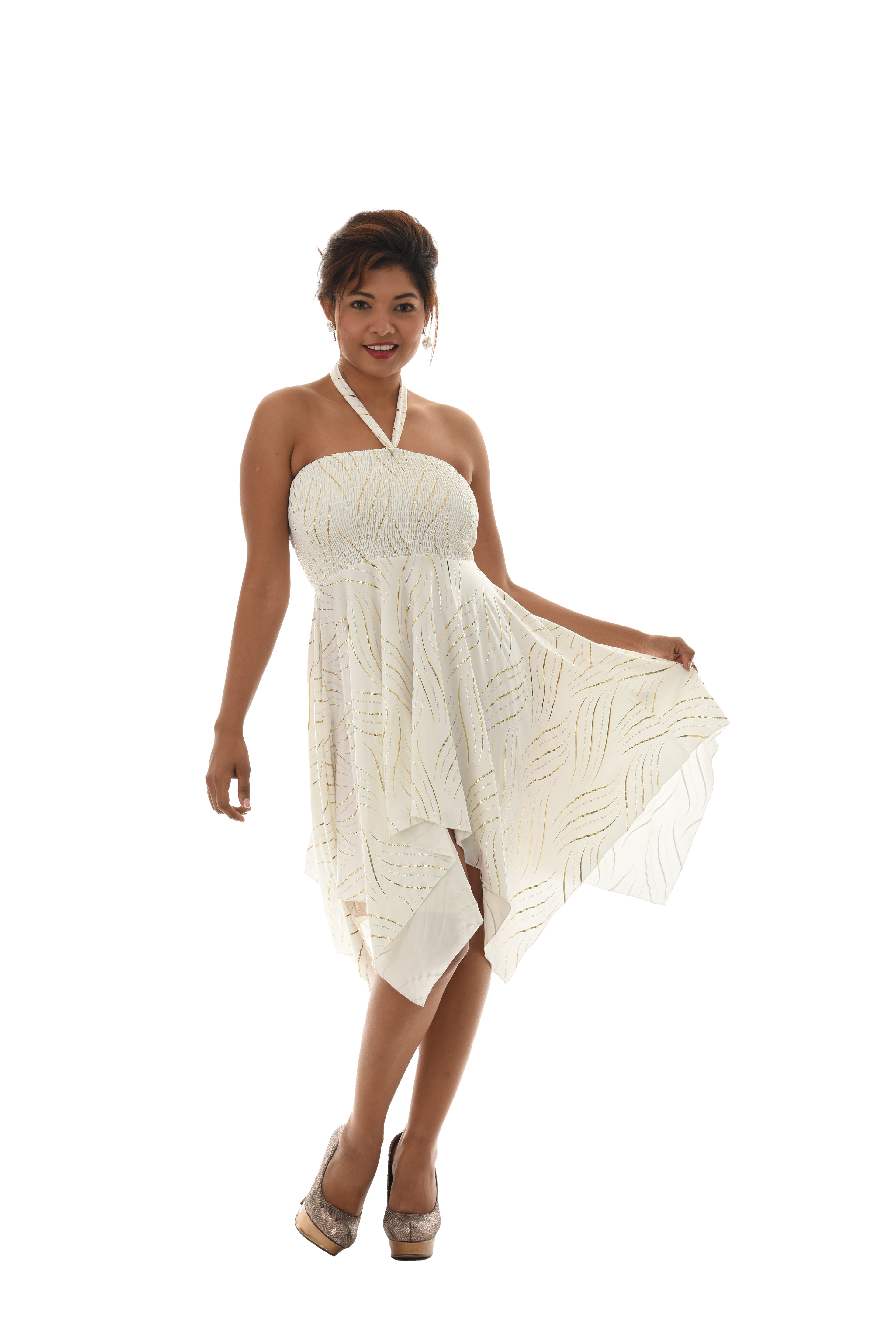 Gold Foil Wave Print Dress PRE PACK OF 6PCS / ONE SIZE / White Gold Foil Wave Print Dress PRE PACK OF 6PCS / ONE SIZE / White